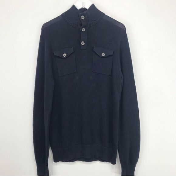 Banana Republic Factory Navy Blue 100% Cotton Quarter Button Pullover Sweater - Picture 2 of 16